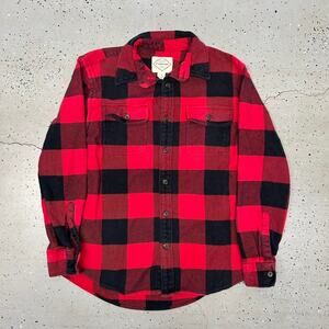 Red and black St. Johns Bay plaid button-up shirt